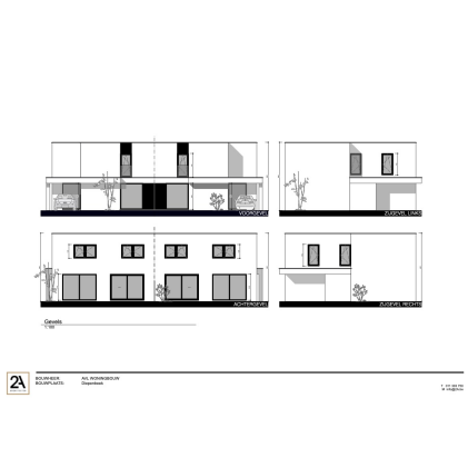 Gevelplan, moderne woning, halfopen bebouwingen Gevelplan, moderne woning, halfopen bebouwingen