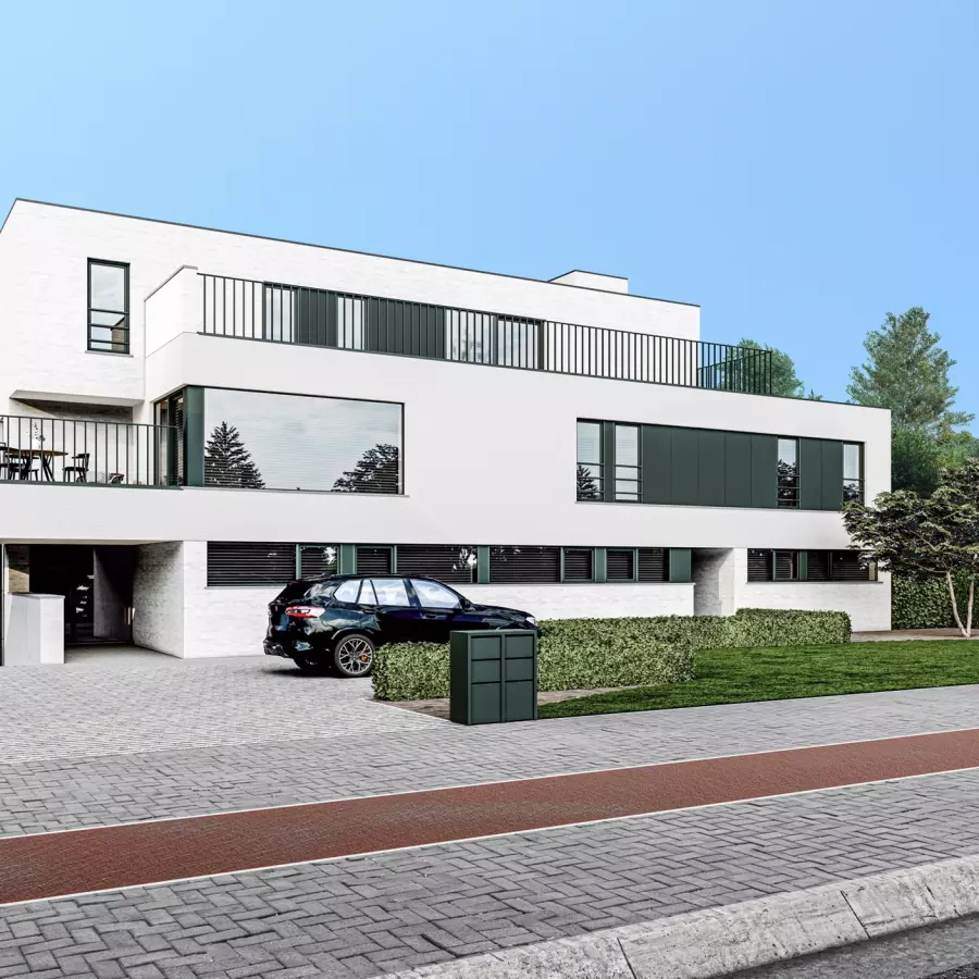 render van de voorgevel van een nieuwbouwappartement in Dilsen