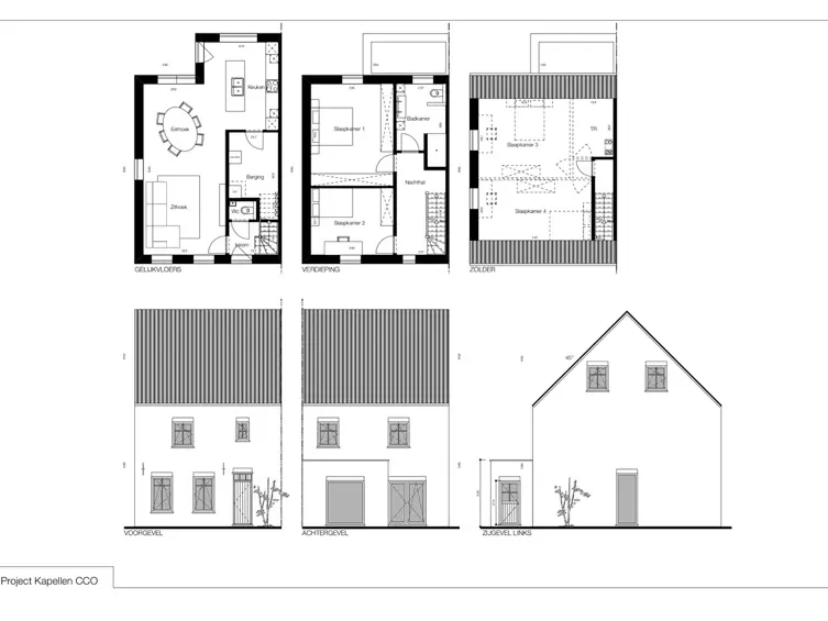 gevel en grondplan, Nieuwbouwwoning, halfopen klassieke bebouwing